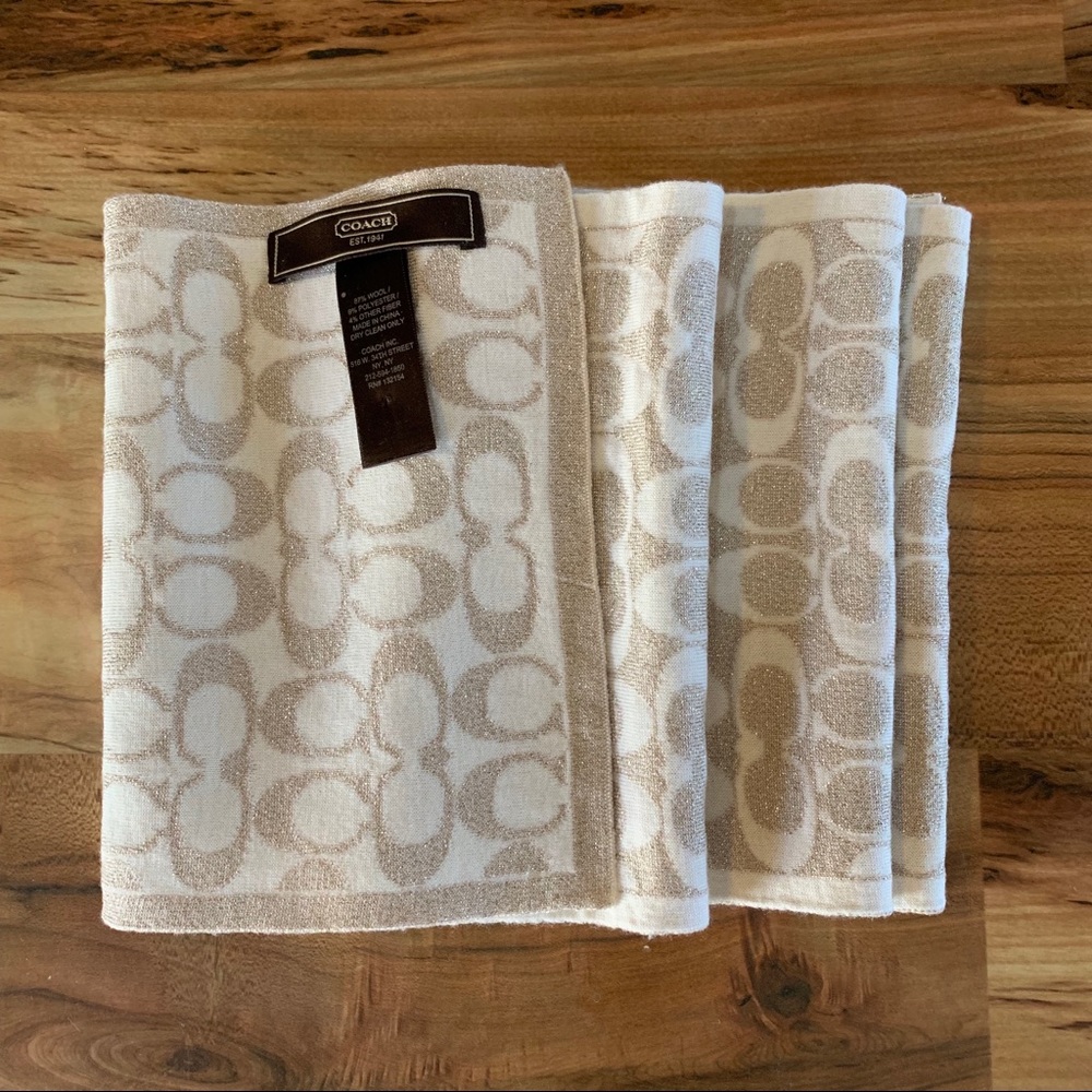Coach Wool Blend Logo Glitter Cream and Gold Scarf